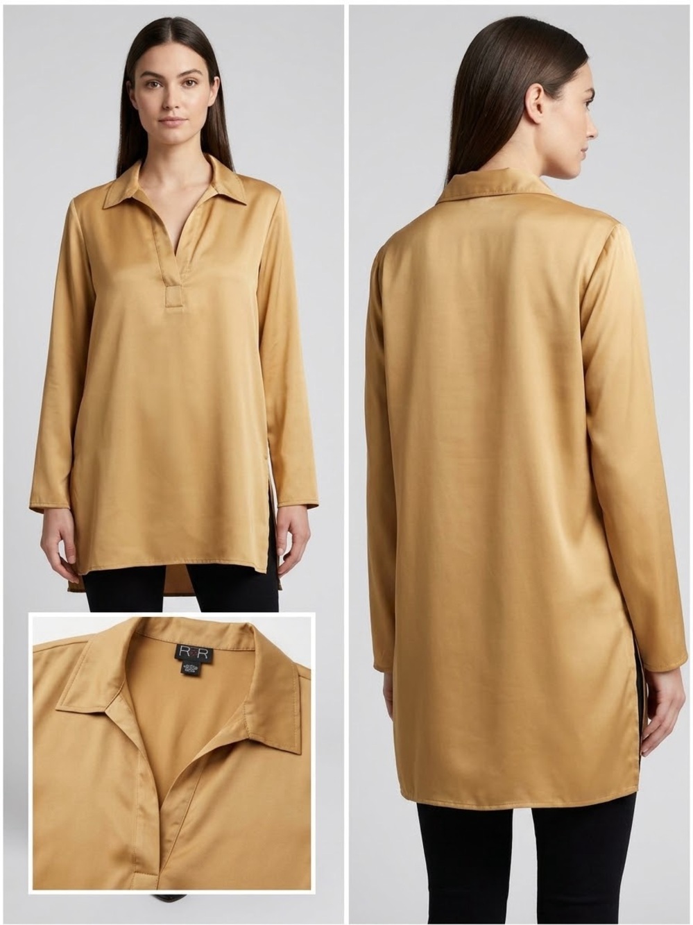 R2R Gold 100% silk Tunic Blouse - Collared V-Neck Longline Top